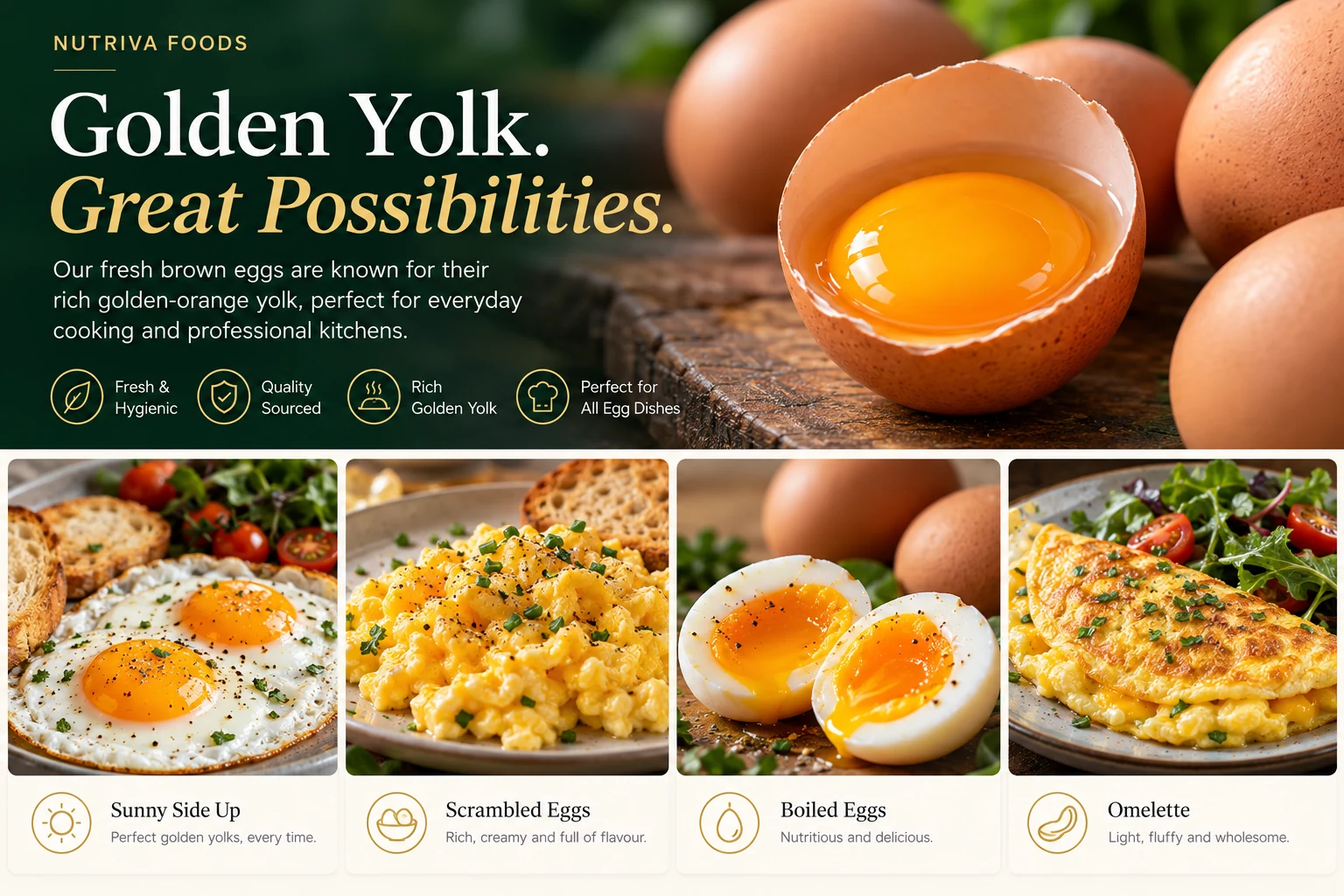 Nutriva golden-orange egg yolk and egg dishes including sunny-side-up eggs, scrambled eggs, boiled eggs and an omelette